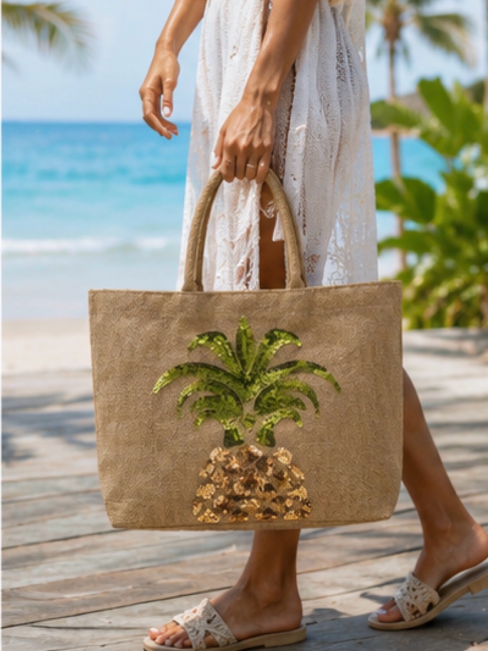 Natural Seagrass Pineapple Tote Bag with Green & Gold Sequins
